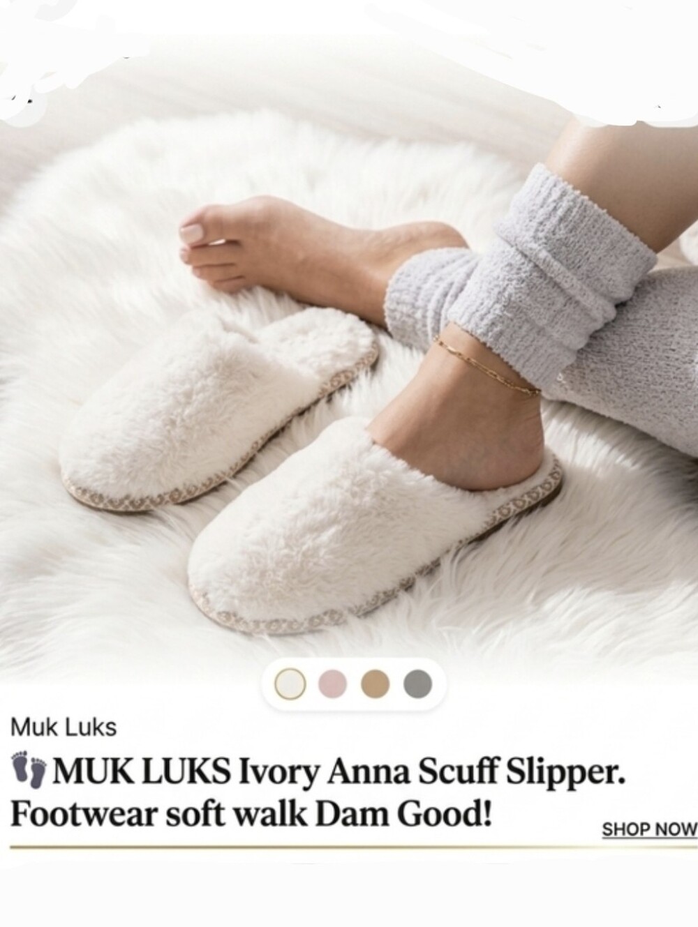 👣MUK LUKS Ivory Anna Scuff Slipper. Footwear soft walk Dam Good!